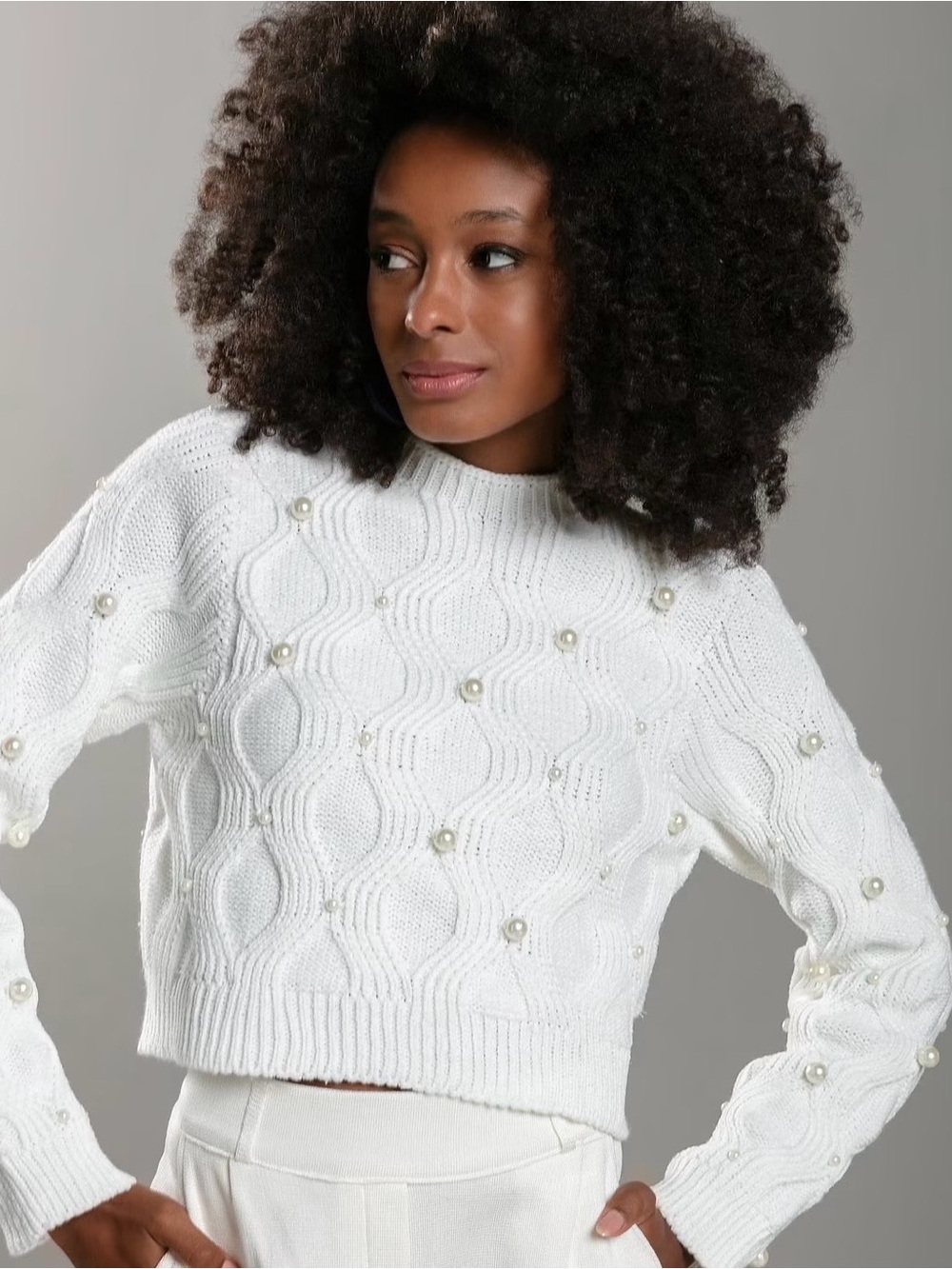 NWT Maria Pavan Women’s White Faux Pearl Embellished Sweater Long Sleeve